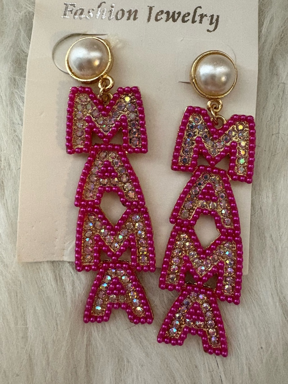 Fashion Jewelry Hot Pink 'MAMA' Dangle Earrings with Pearl Posts